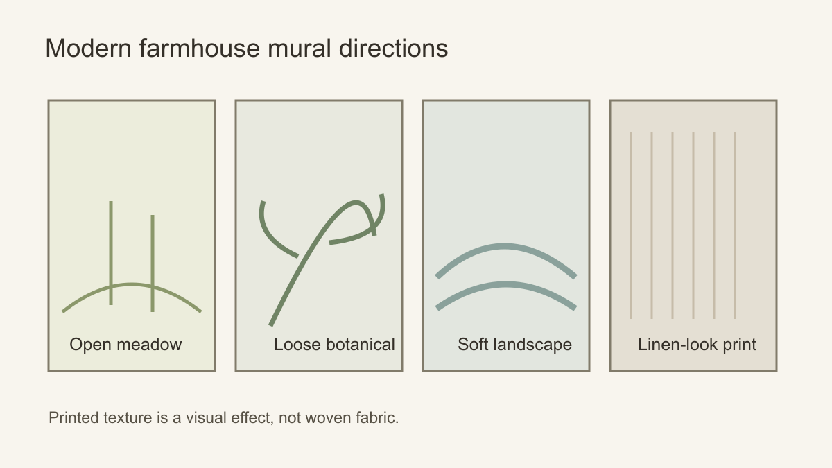 Four mural directions for a modern farmhouse room: meadow, botanical, quiet landscape and printed linen texture