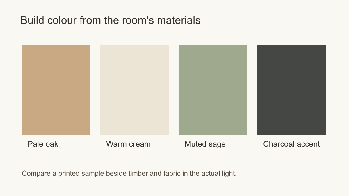 Modern farmhouse palette diagram connecting pale oak, cream, sage and charcoal accents
