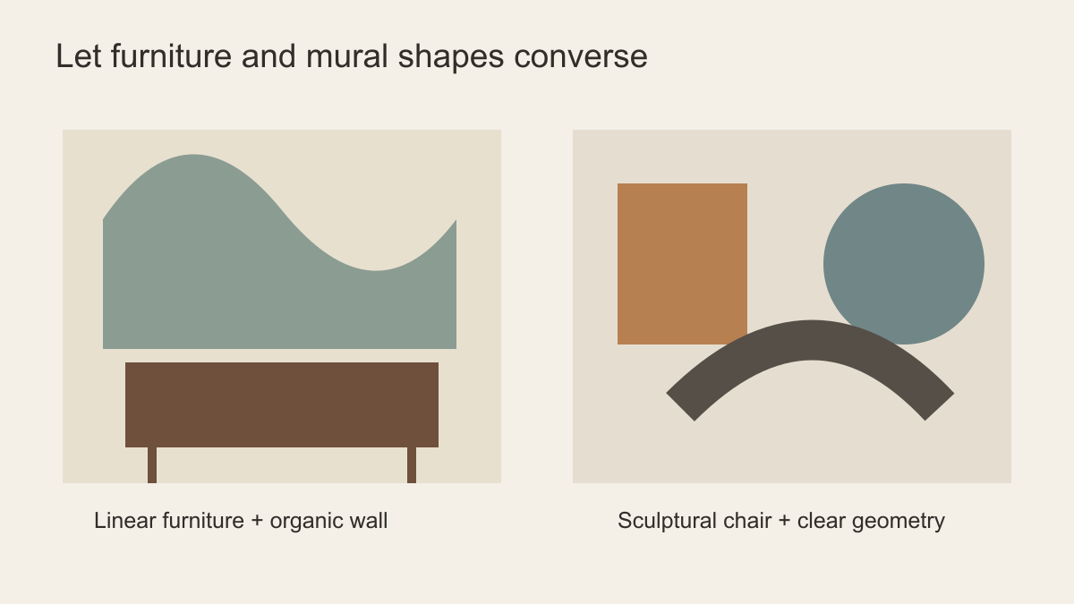 Diagram comparing broad organic mural shapes with linear mid-century furniture and restrained geometry with sculptural chairs