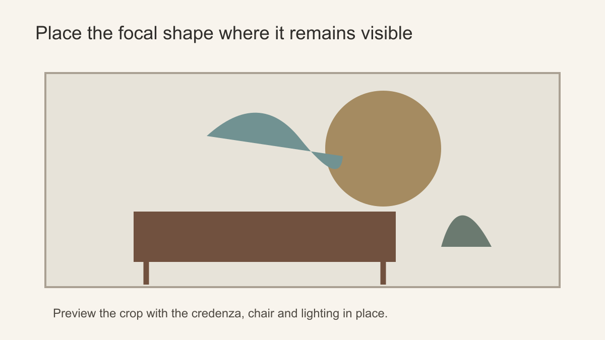 Wall elevation showing a low credenza beneath large abstract mural shapes