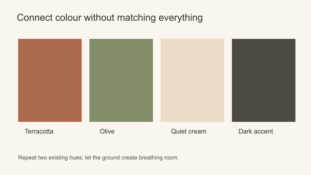 Bohemian interior colour study linking terracotta, olive, cream and a restrained dark accent