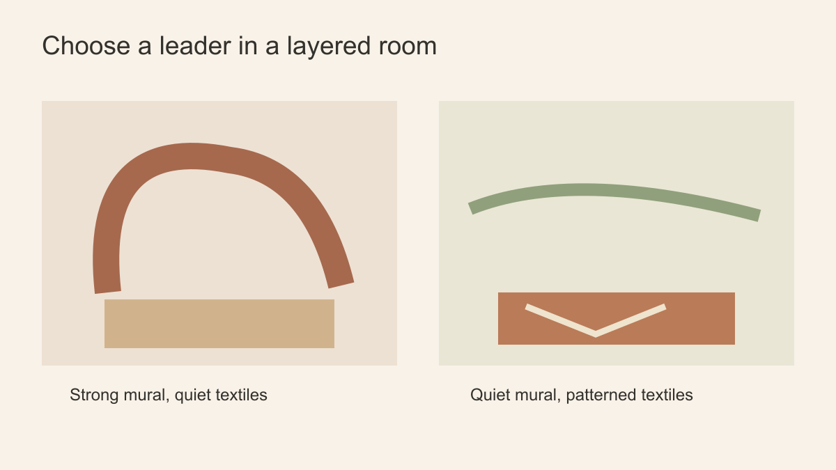 Layering diagram showing one strong mural beside quieter textiles and one quiet mural beside patterned textiles