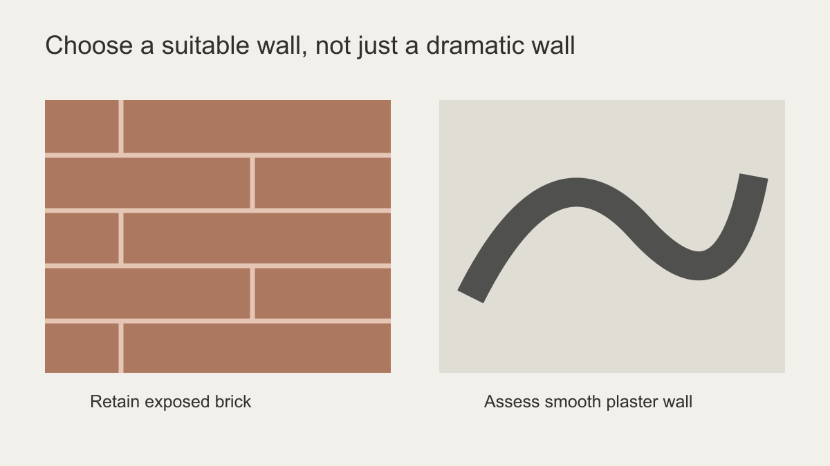 Industrial loft wall elevation distinguishing exposed brick to retain from a smooth plaster wall suitable for a mural