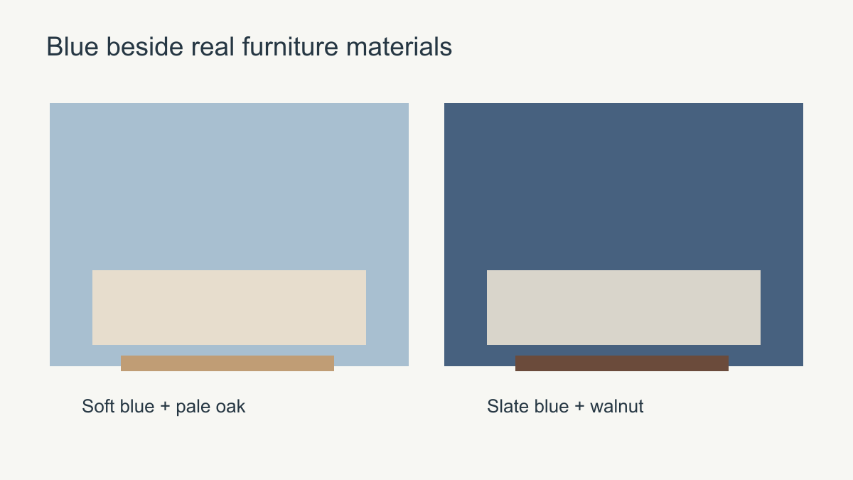 Two simplified pairings of soft blue with cream and pale oak, and slate blue with pale upholstery and walnut