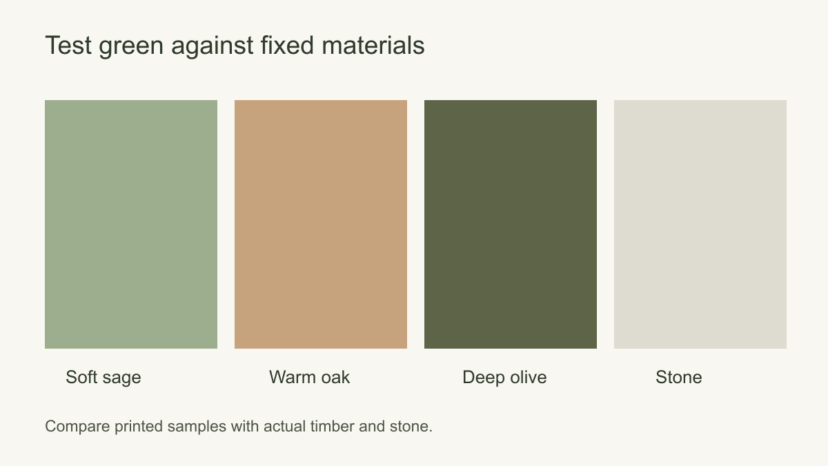 Four labelled colour swatches: soft sage, warm oak, deep olive and stone