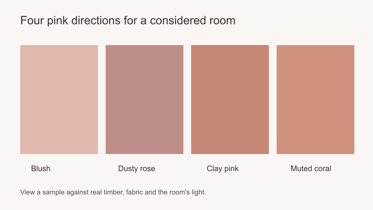 Four labelled pink colour swatches: blush, dusty rose, clay pink and muted coral