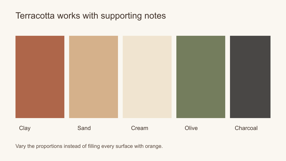 Terracotta mural palette with clay, sand, cream, olive and a small charcoal accent