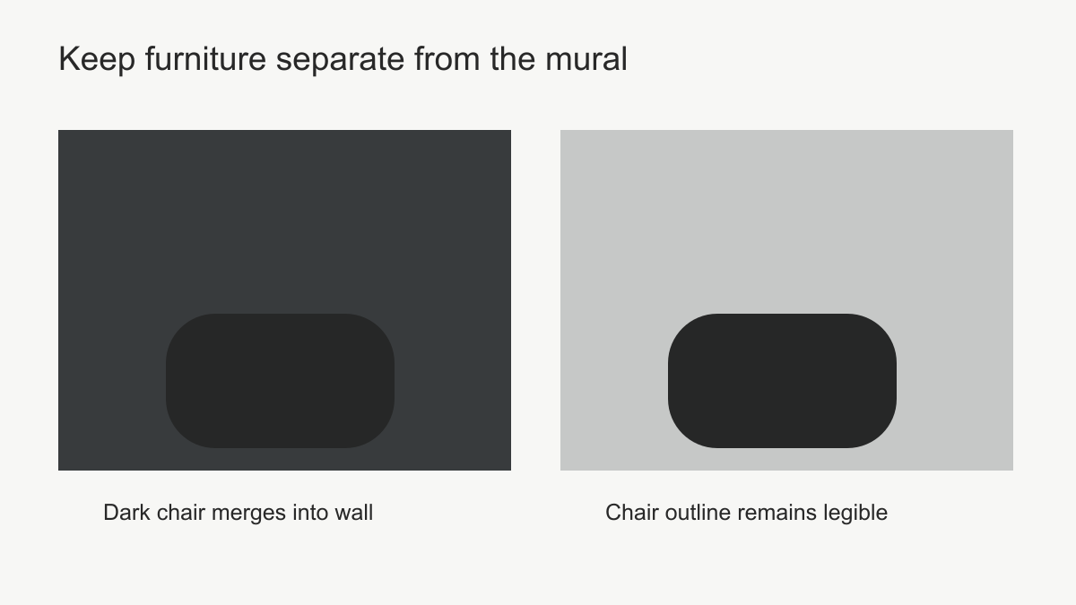 Two simplified dark furniture silhouettes, one on a dark field and one on a pale grey field