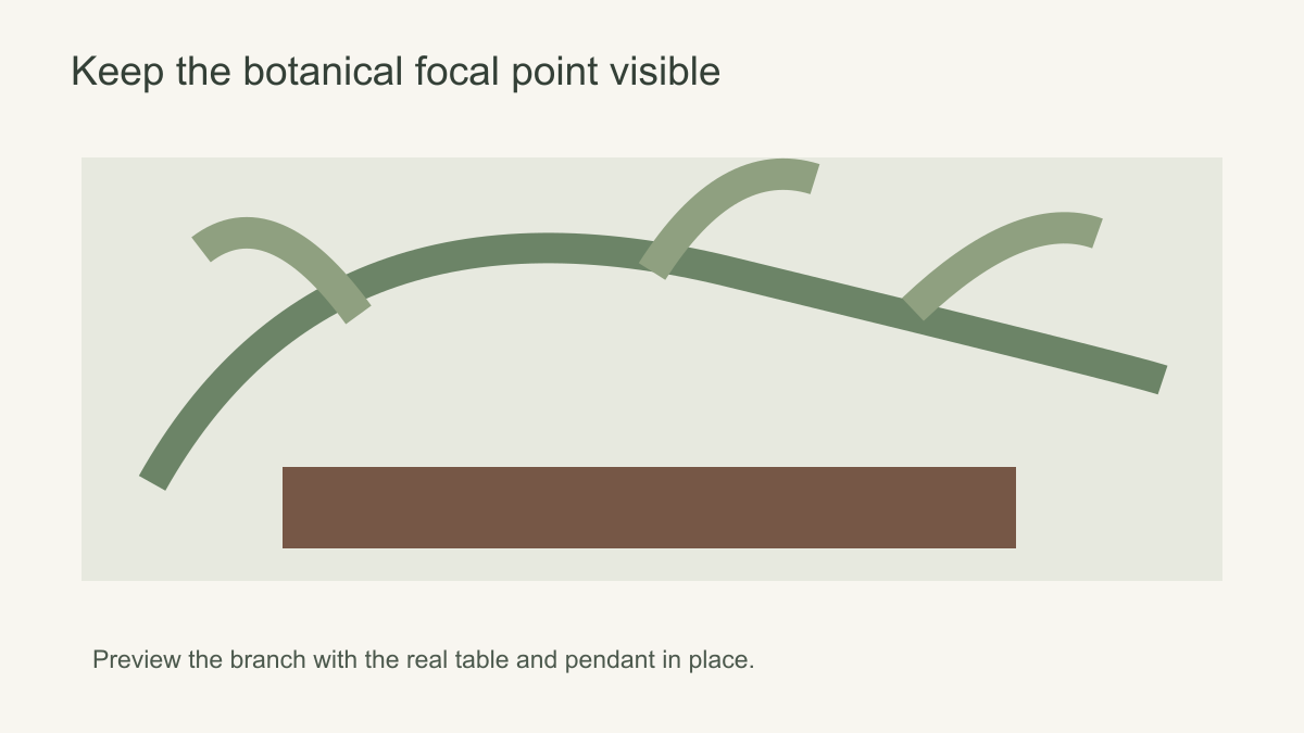 Simplified green branch arcs above a brown furniture-height rectangle on a pale wall