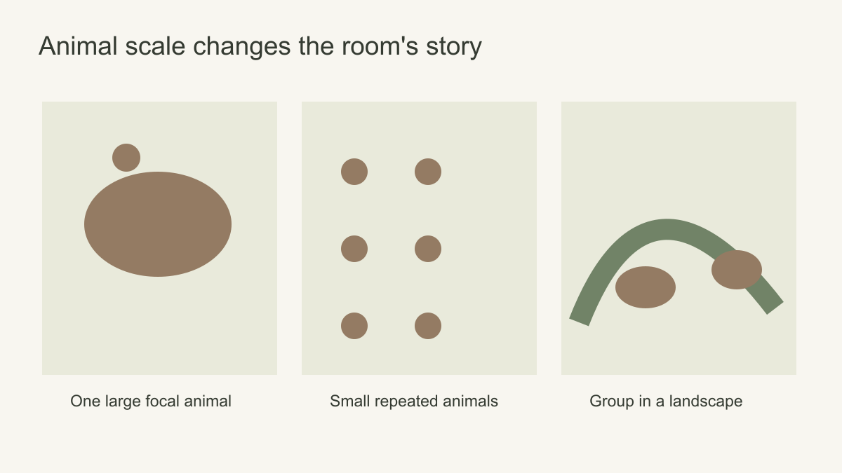 Three schematic arrangements of brown ovals: one large focal shape, small repeated shapes and a pair within a green arch
