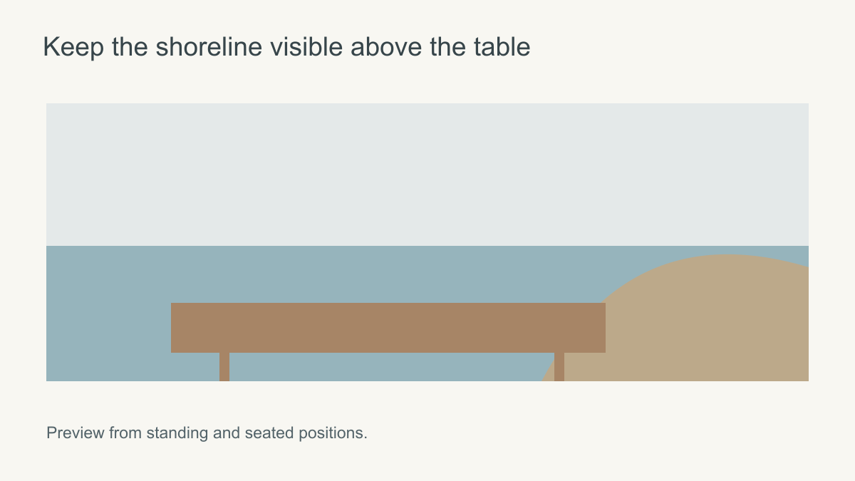 Dining room wall elevation with coastal horizon above table and a visible headland