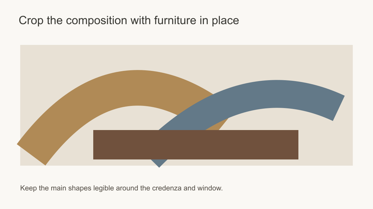 Diagram of two broad abstract curves remaining visible above and beside a credenza