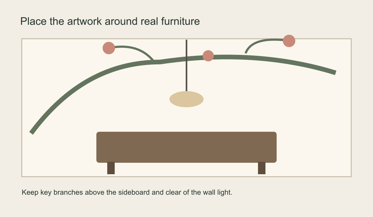 Wall elevation showing Chinoiserie-inspired branches placed above a dining sideboard with open space around lighting