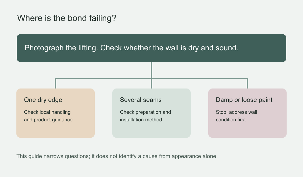 Diagnostic flow chart separating one lifted mural edge from multiple seams and damp or unstable wall areas