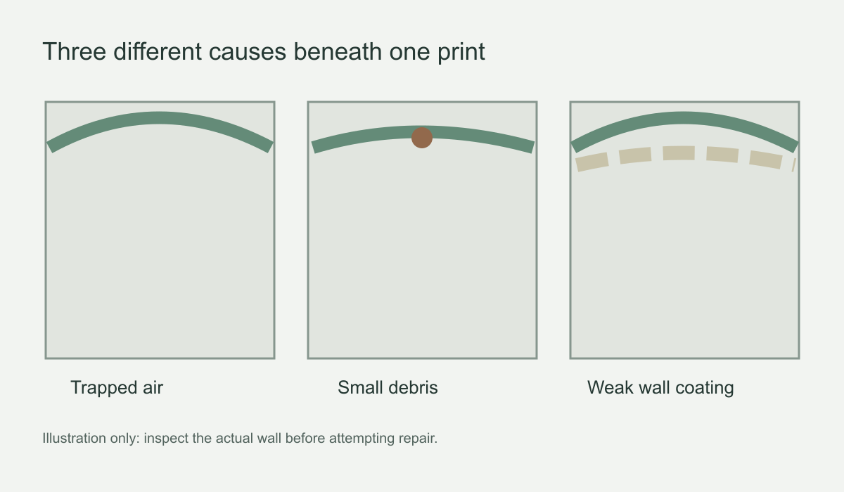 Three simplified diagrams showing a raised mural area over trapped air, a speck of debris or weak wall coating