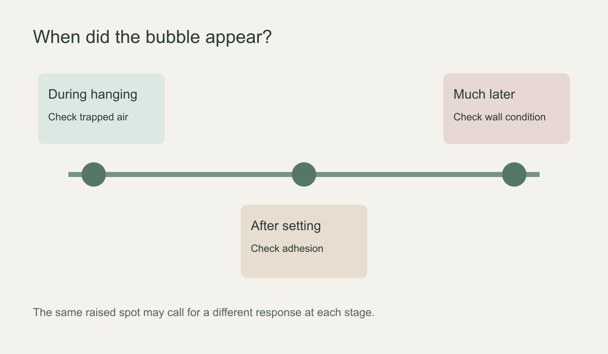 Timeline distinguishing bubbles noticed during hanging from blisters that remain after drying