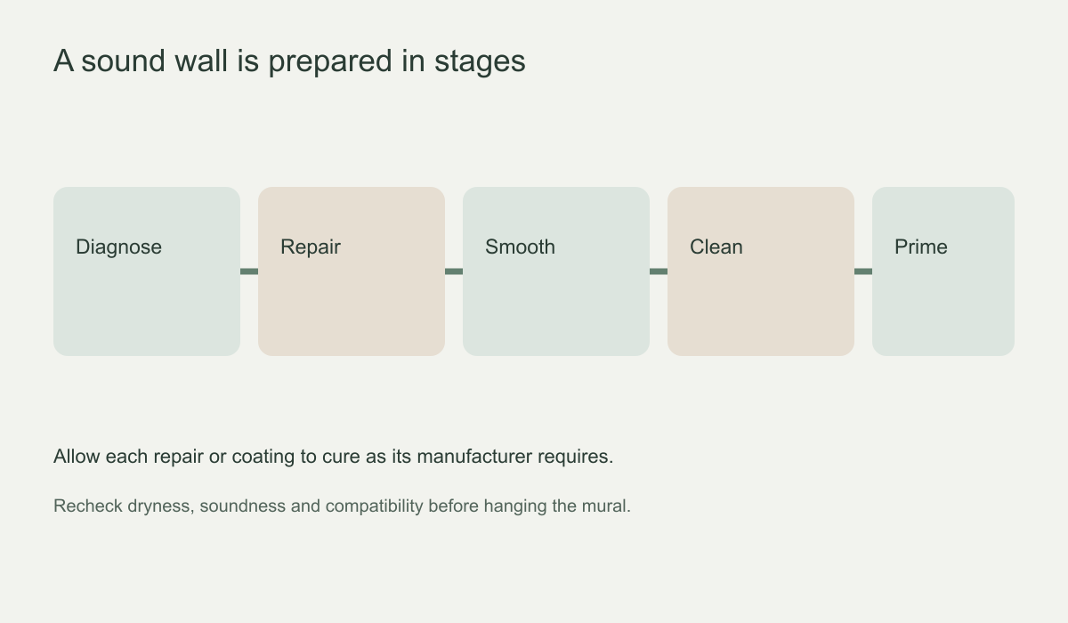 Example wall-preparation stages showing diagnosis, repair, smoothing, cleaning and priming