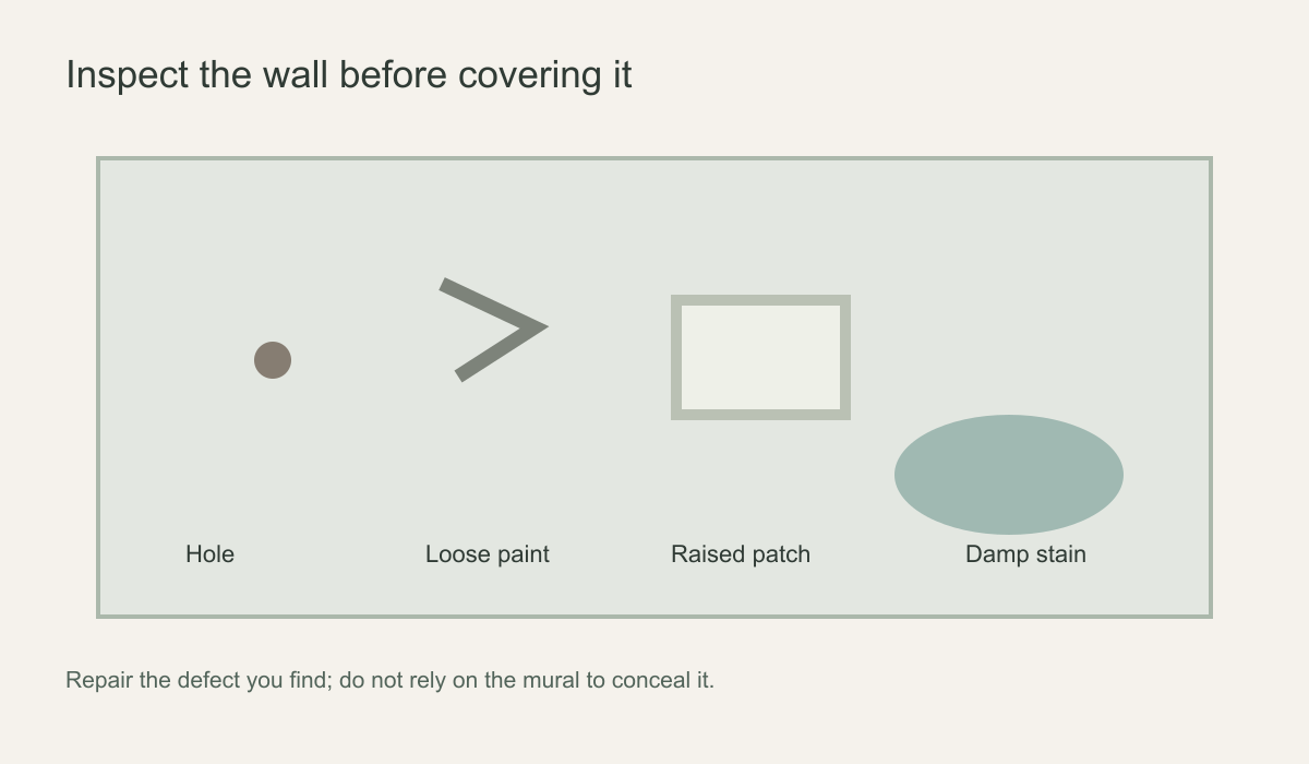 Wall audit diagram identifying a screw hole, loose paint, raised filler and damp staining before mural installation