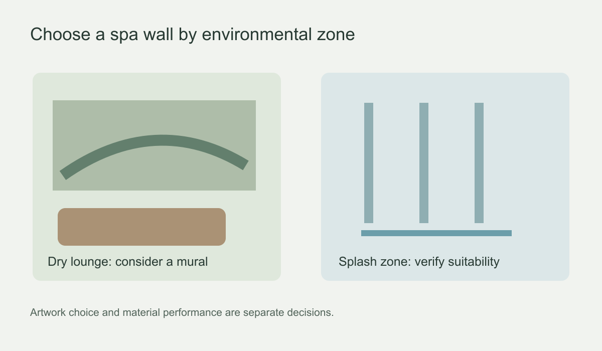 Two-zone illustration comparing a dry lounge mural wall with a splash zone requiring suitability checks