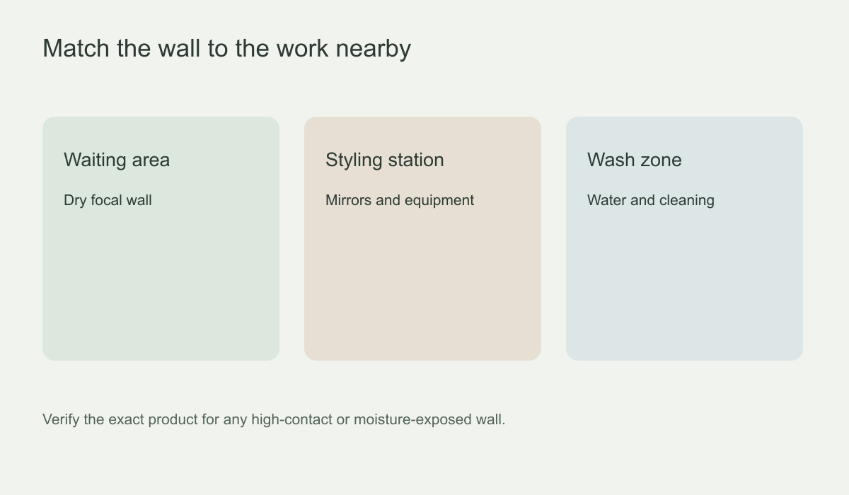 Three-zone diagram comparing a dry waiting area, mirror-filled styling station and water-exposed wash area