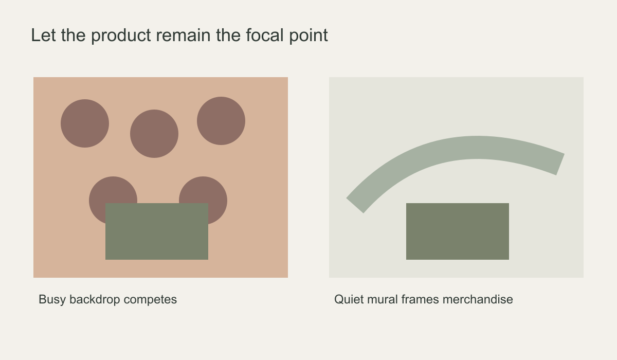 Two schematic retail backdrops comparing busy circles behind a display block with a quieter curved motif