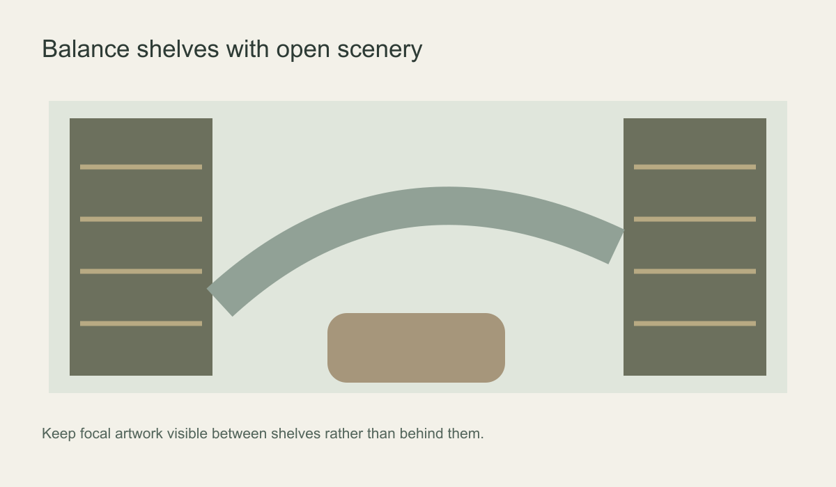 Schematic with two tall bookcases framing a curved mural motif and a central seating block