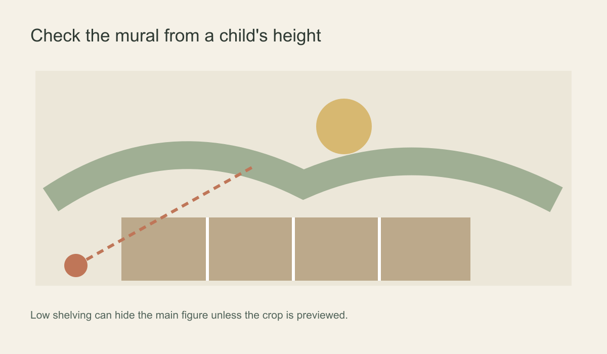 Illustrated playroom wall showing a low child's sightline past storage toward a mural landscape