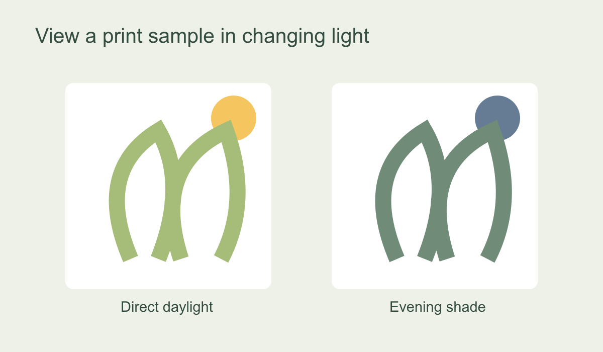 Side-by-side print sample illustration in direct daylight and evening shade