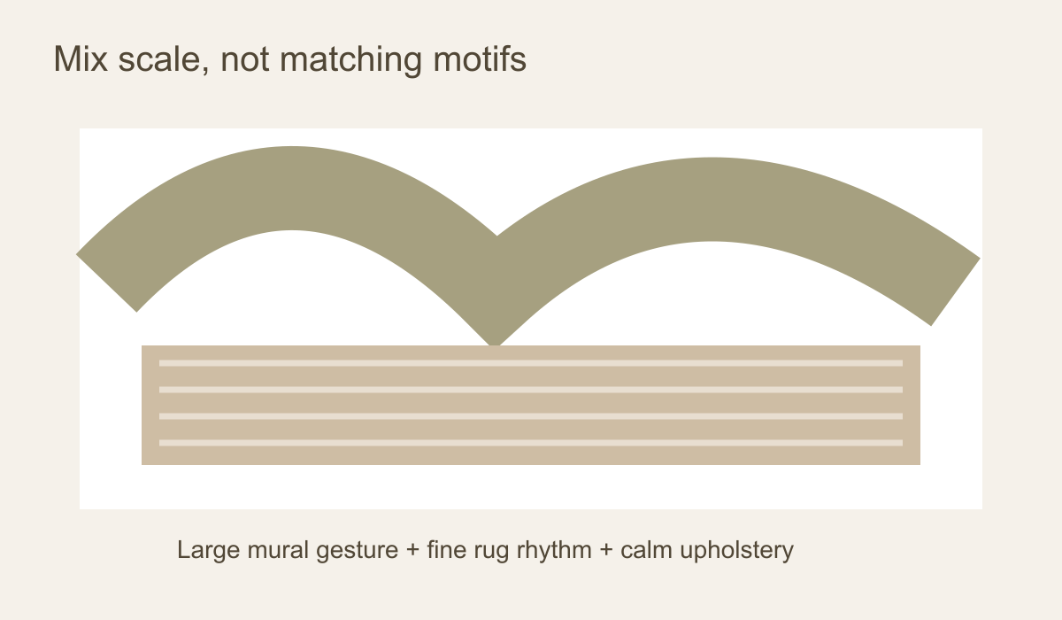 Diagram showing broad wall-mural arcs above narrow, repeated rug stripes