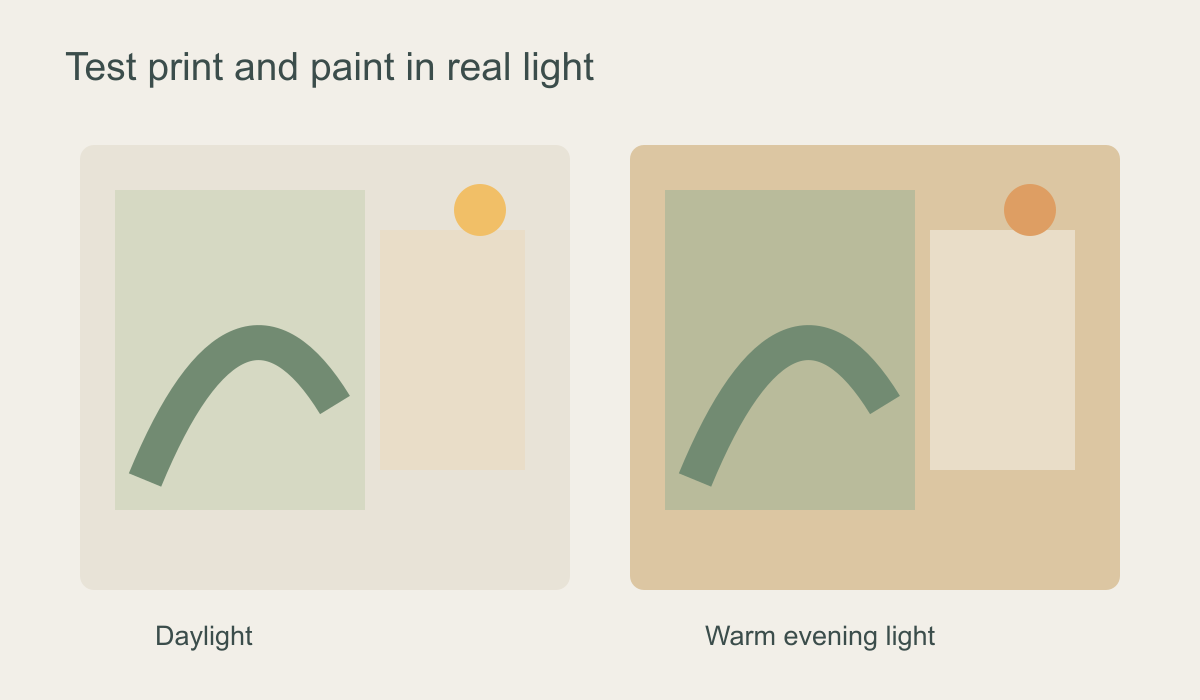 Diagram comparing the same mural and paint sample in daylight and warm evening lamplight