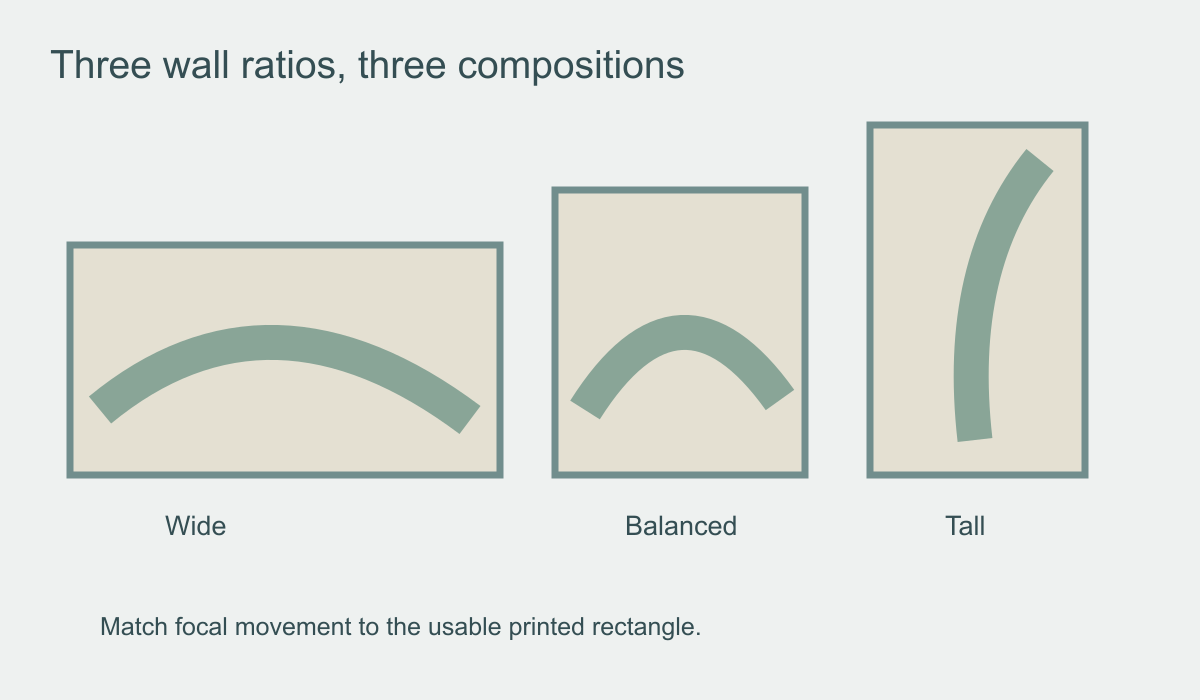 Diagram comparing wide, balanced and tall wall rectangles with different mural compositions