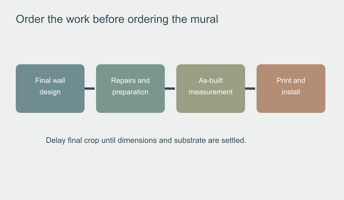 Four-stage diagram showing final wall design, repairs and preparation, as-built measurement, then mural printing and installation