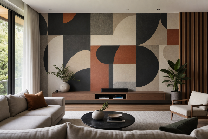 Large geometric mural with alignment-sensitive lines across a living room wall