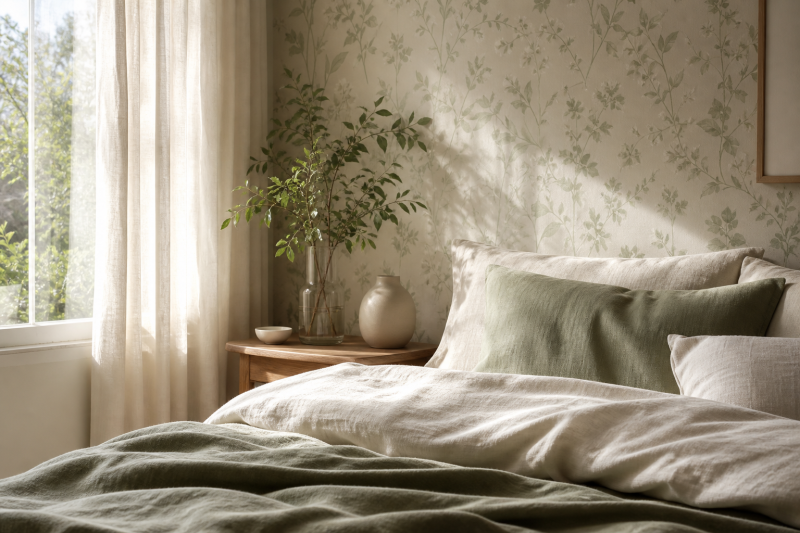 Soft botanical wall pattern behind pale bedding in a sunlit bedroom