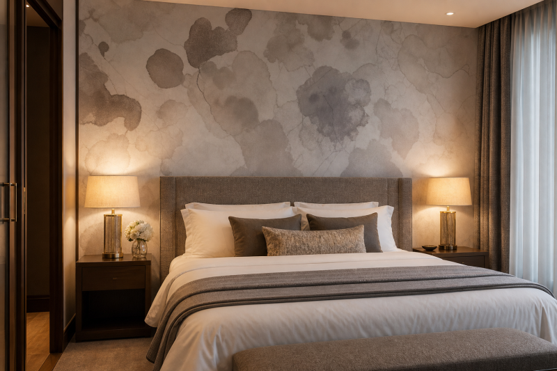 Tonal abstract mural above a wide upholstered headboard and bedside lamps