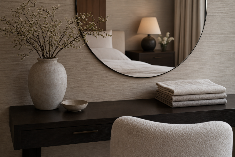 Muted textile-like wall beside a dark dresser with a bed reflected in a round mirror