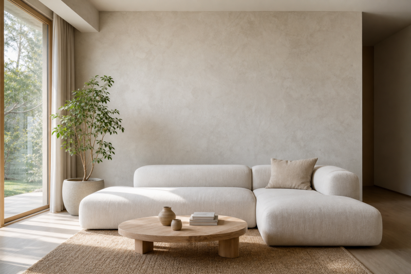 Plaster-look living-room wall used to discuss surface inspection before mural installation