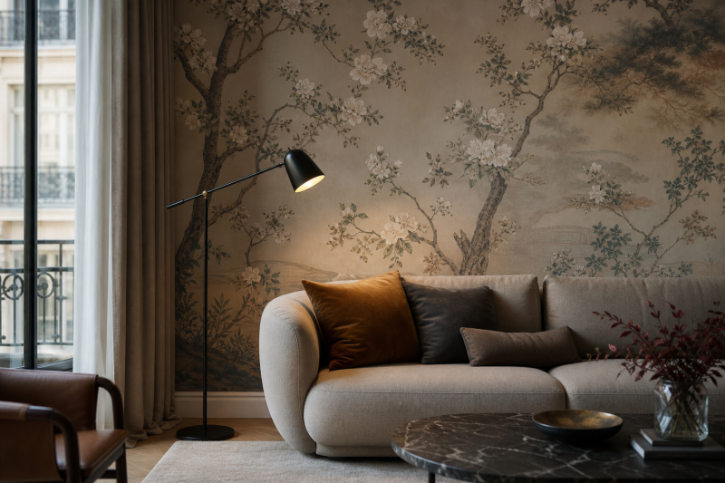 Muted brown and green chinoiserie-style mural behind a grey sofa