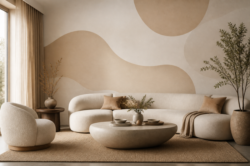 Living area with broad neutral organic mural shapes behind a cream sofa