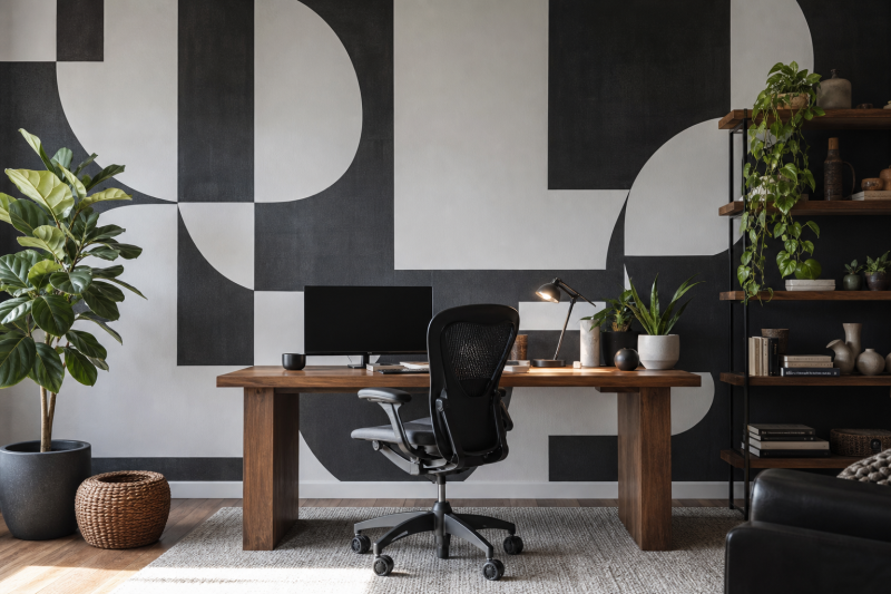 What Mural Wallpaper Works Best in a Home Office? — installed wallpaper mural in a home office
