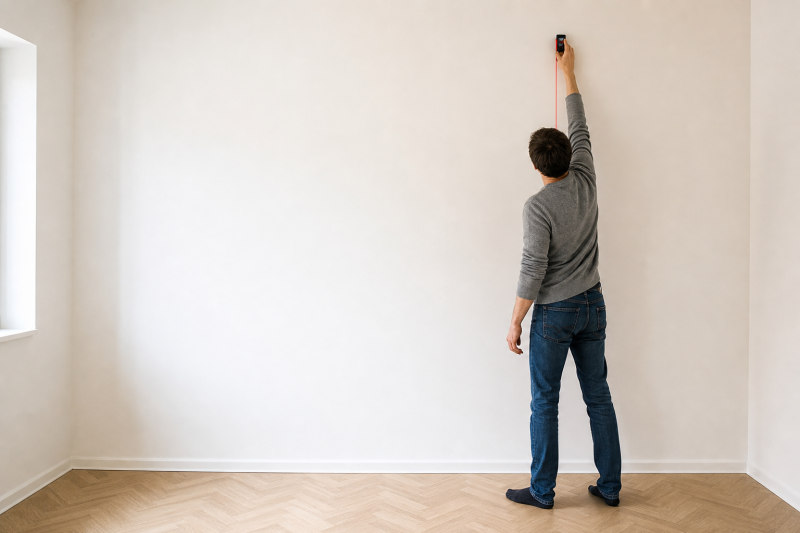 Installer checking a vertical laser reference on a clean wall