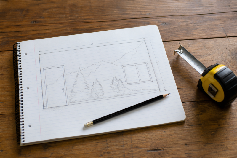 Tape measure beside a notebook sketch of a wall with a door and window