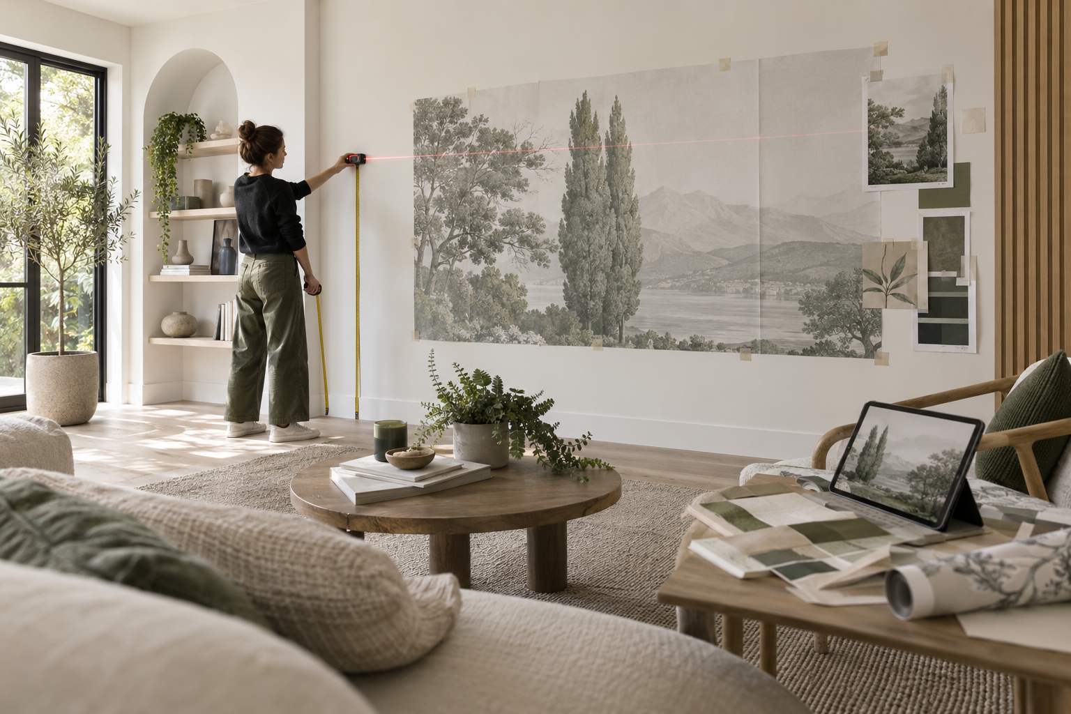 Designer measuring a wall for bespoke mural wallpaper