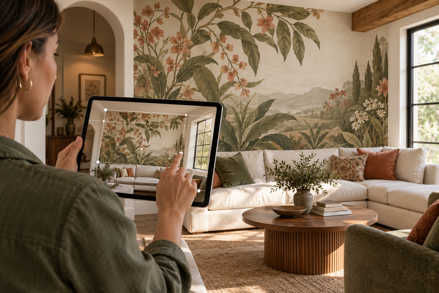 Designer positioning a bespoke mural wallpaper design around a room