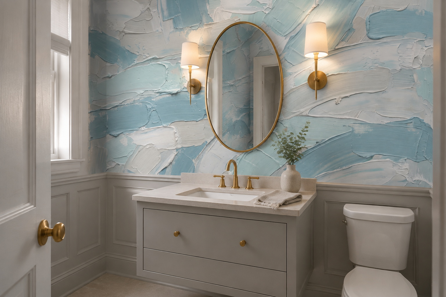 Blue Brushstroke Artful Wallpaper Mural Bathroom-wallpaper-murals, Peel-and-stick Finish