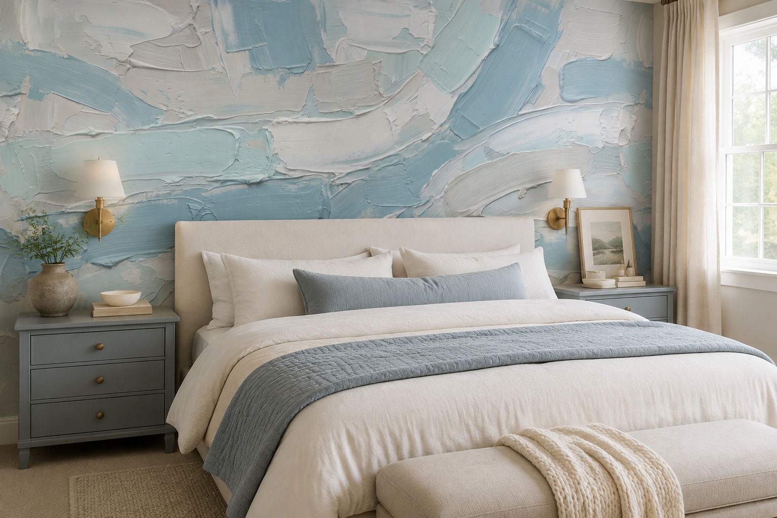 Blue Brushstroke Artful Wallpaper Mural Bedroom-wallpaper-murals, Peel-and-stick Finish