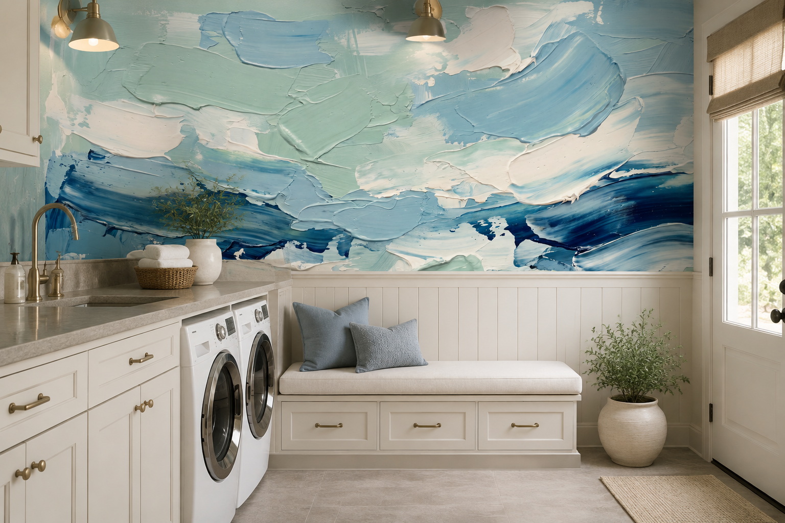 Teal Swirl Artful Wallpaper Mural Laundry-room-wallpaper-murals, Peel-and-stick Finish