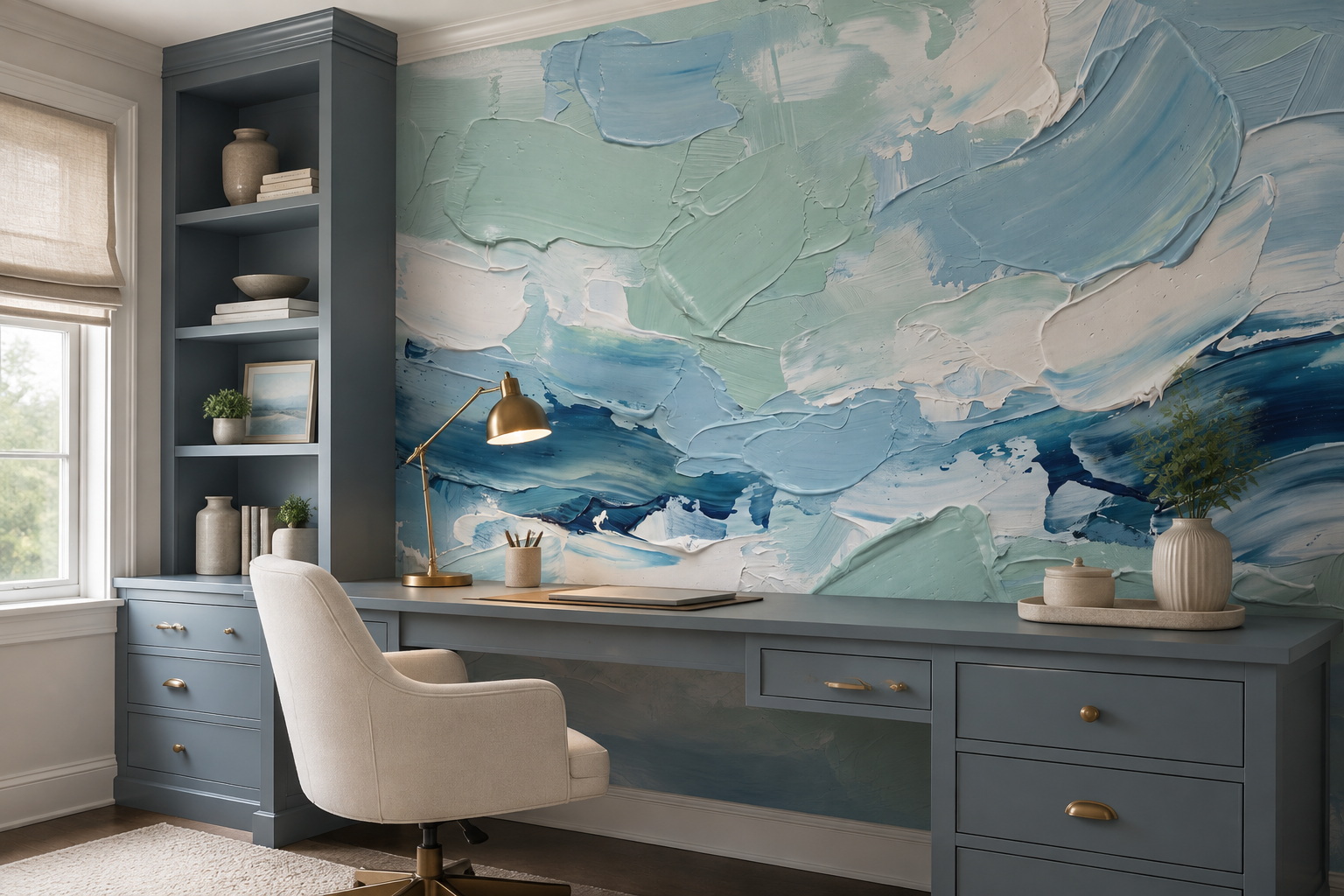 Teal Swirl Artful Wallpaper Mural Office-wallpaper-murals, Shown In A Home Office, Peel-and-stick Finish