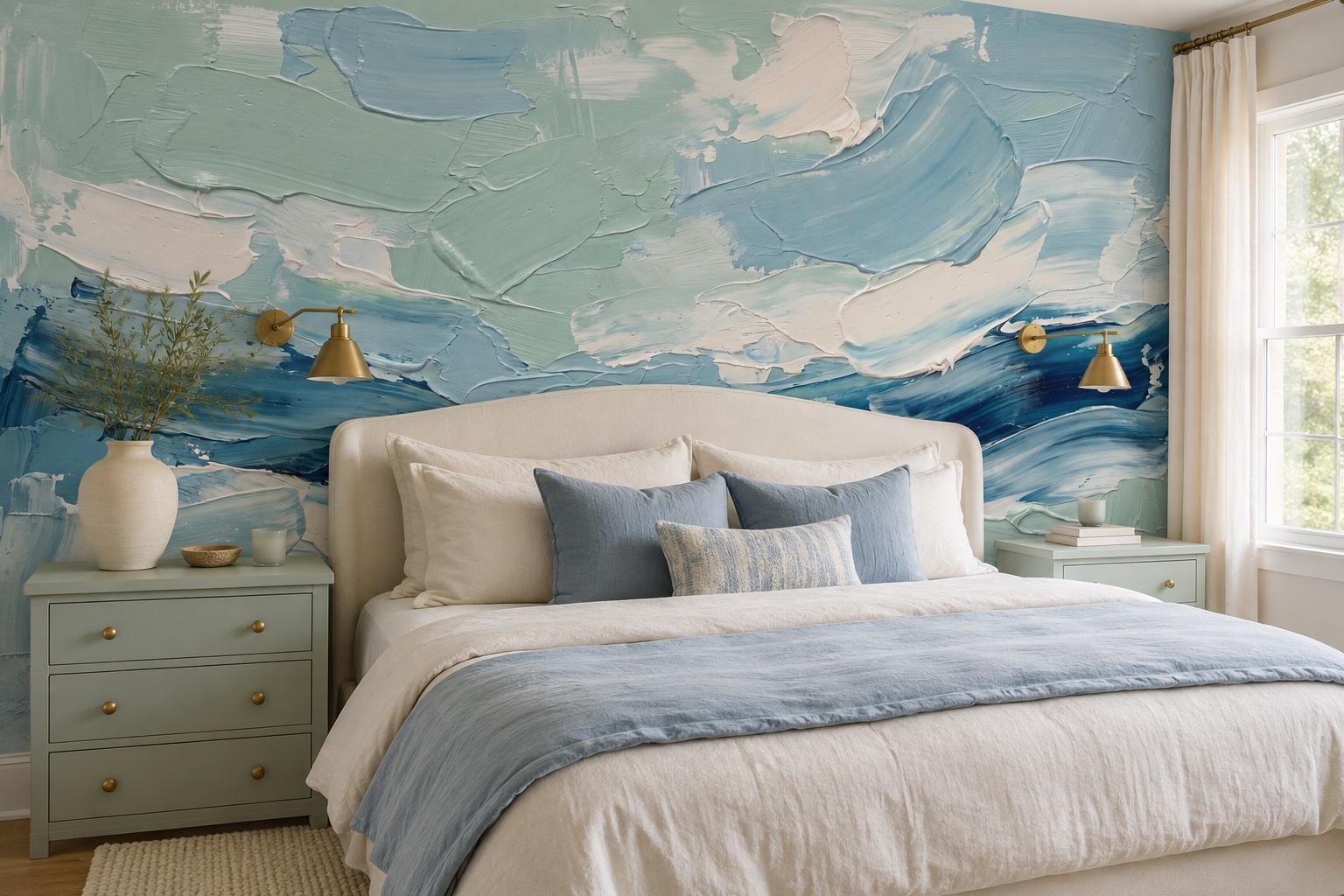 Teal Swirl Artful Wallpaper Mural Bedroom-wallpaper-murals, Peel-and-stick Finish