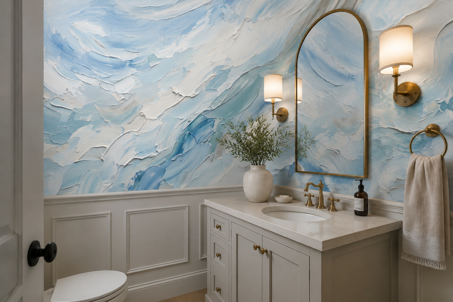 Blue Flow Artful Wallpaper Mural Powder-room-wallpaper-murals, Peel-and-stick Finish